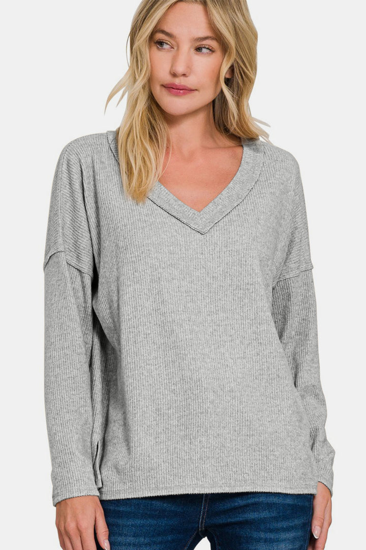 Zenana - V-Neck Ribbed Long Sleeve Top - Sleet - Inspired Eye Boutique