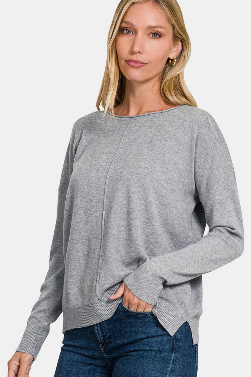 Zenana - Viscose Front Seam Sweater - Gray - Inspired Eye Boutique