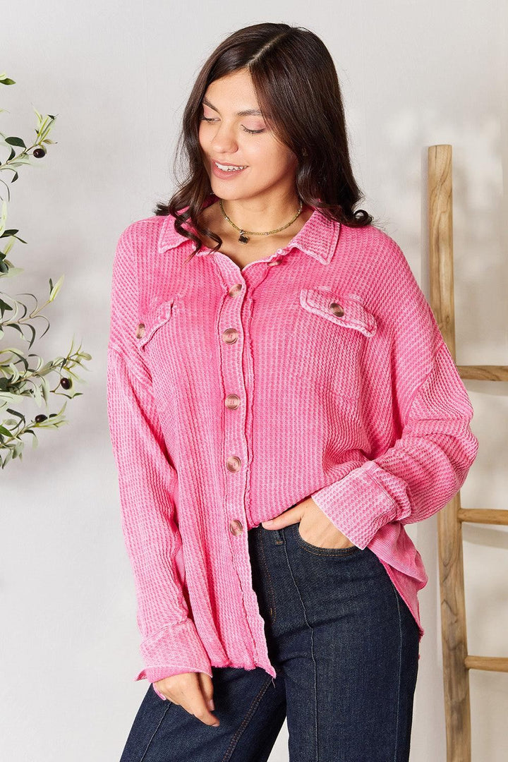 Zenana Oversized Waffle-Knit Shirt - Pink - Inspired Eye Boutique