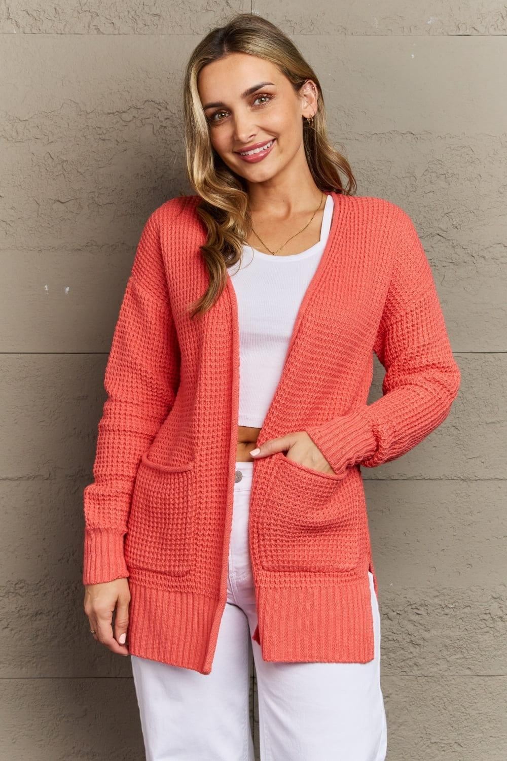Bright & Cozy Waffle Knit Cardigan - Coral - Inspired Eye Boutique