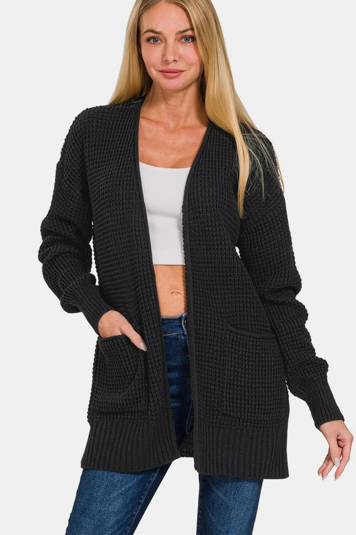 Zenana - Waffle Knit Open Front Cardigan Sweater - Black - Inspired Eye Boutique