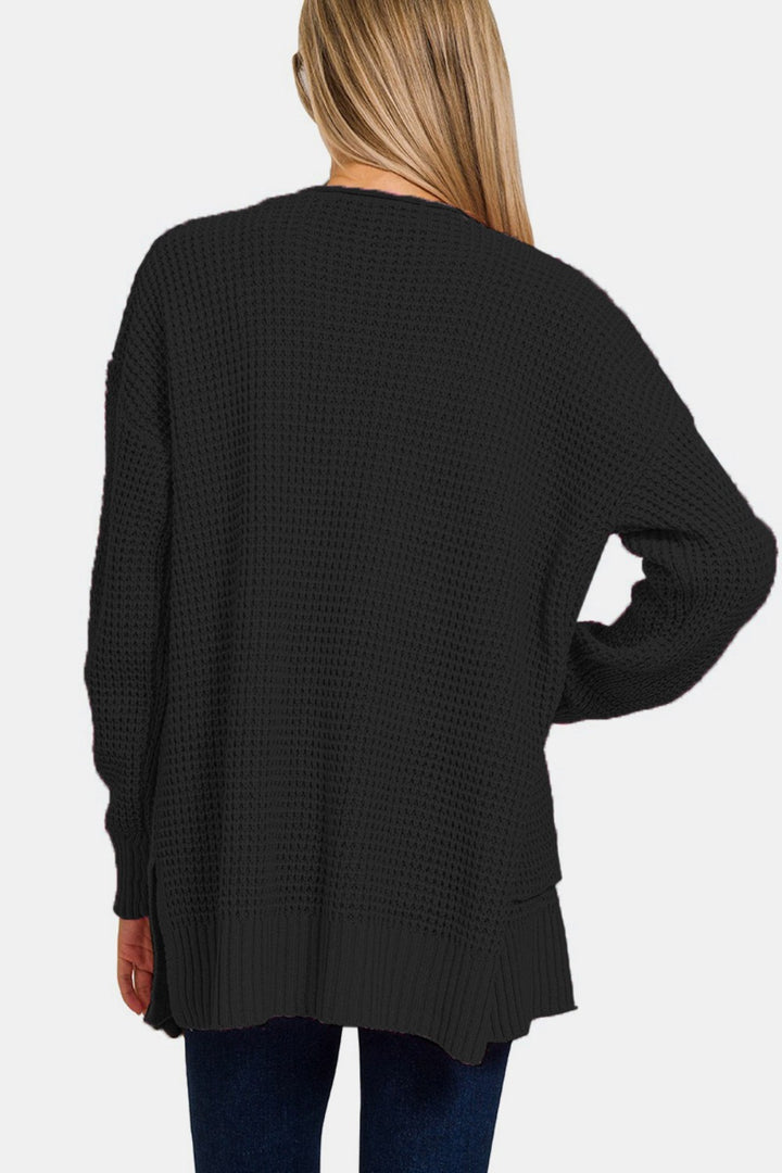 Zenana - Waffle Knit Open Front Cardigan Sweater - Black - Inspired Eye Boutique