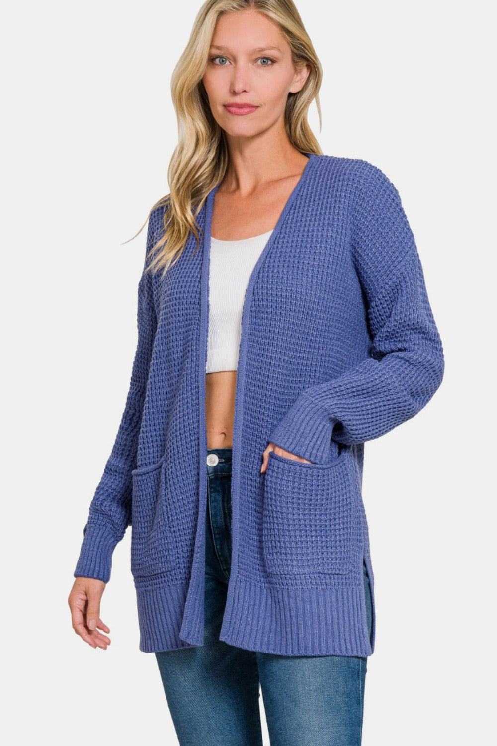 Zenana - Waffle Knit Open Front Cardigan Sweater - Marlin - Inspired Eye Boutique