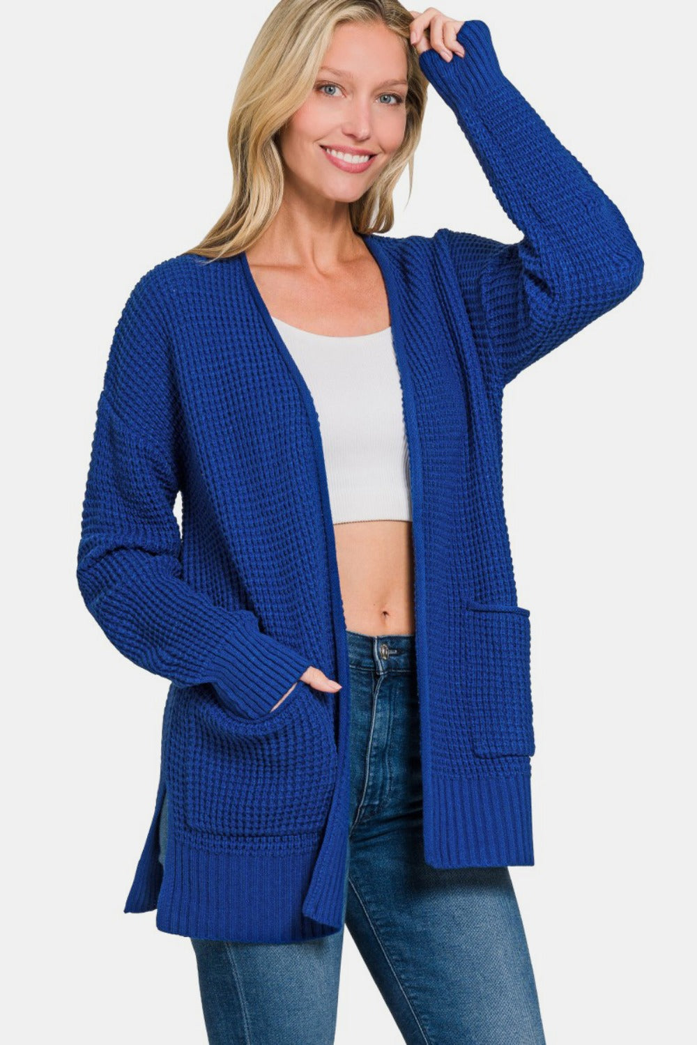 Zenana - Waffle Knit Open Front Cardigan Sweater - Navy - Inspired Eye Boutique