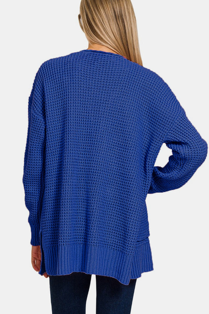 Zenana - Waffle Knit Open Front Cardigan Sweater - Navy - Inspired Eye Boutique