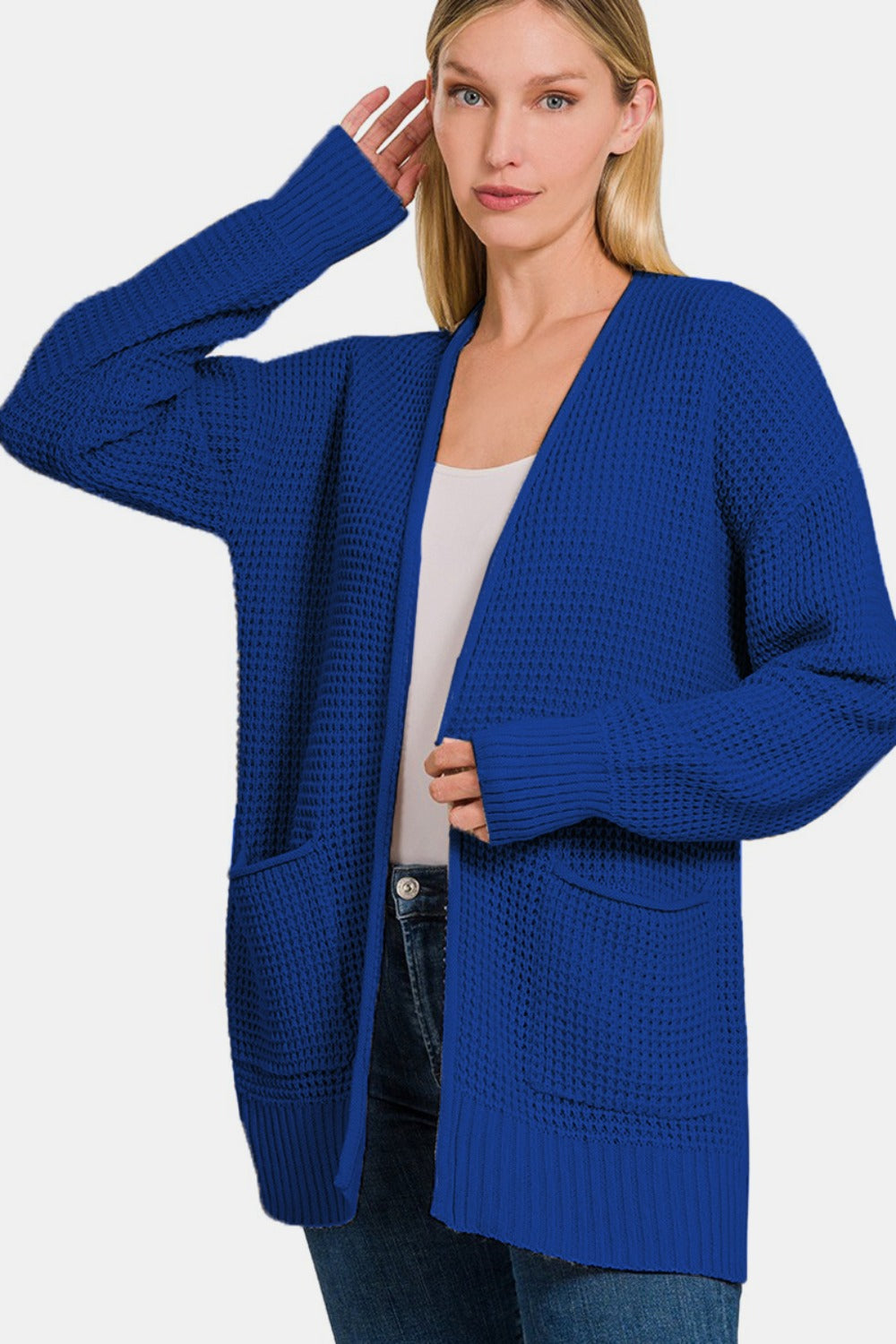 Zenana - Waffle Knit Open Front Cardigan Sweater - Navy - Inspired Eye Boutique