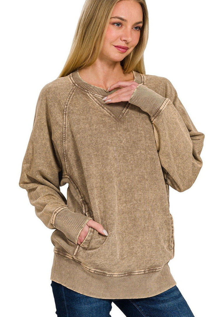 Zenana Washed French Terry Pullover With Pockets - Mocha - Inspired Eye Boutique