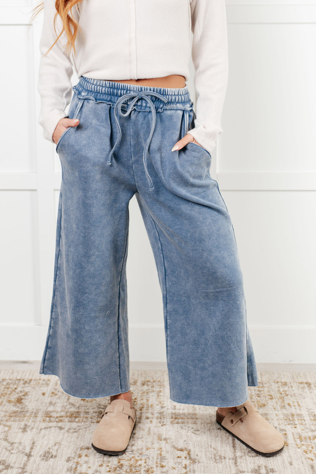 Zenana - Wide Leg Cropped Fleece Sweatpants - Dusty Blue - Inspired Eye Boutique