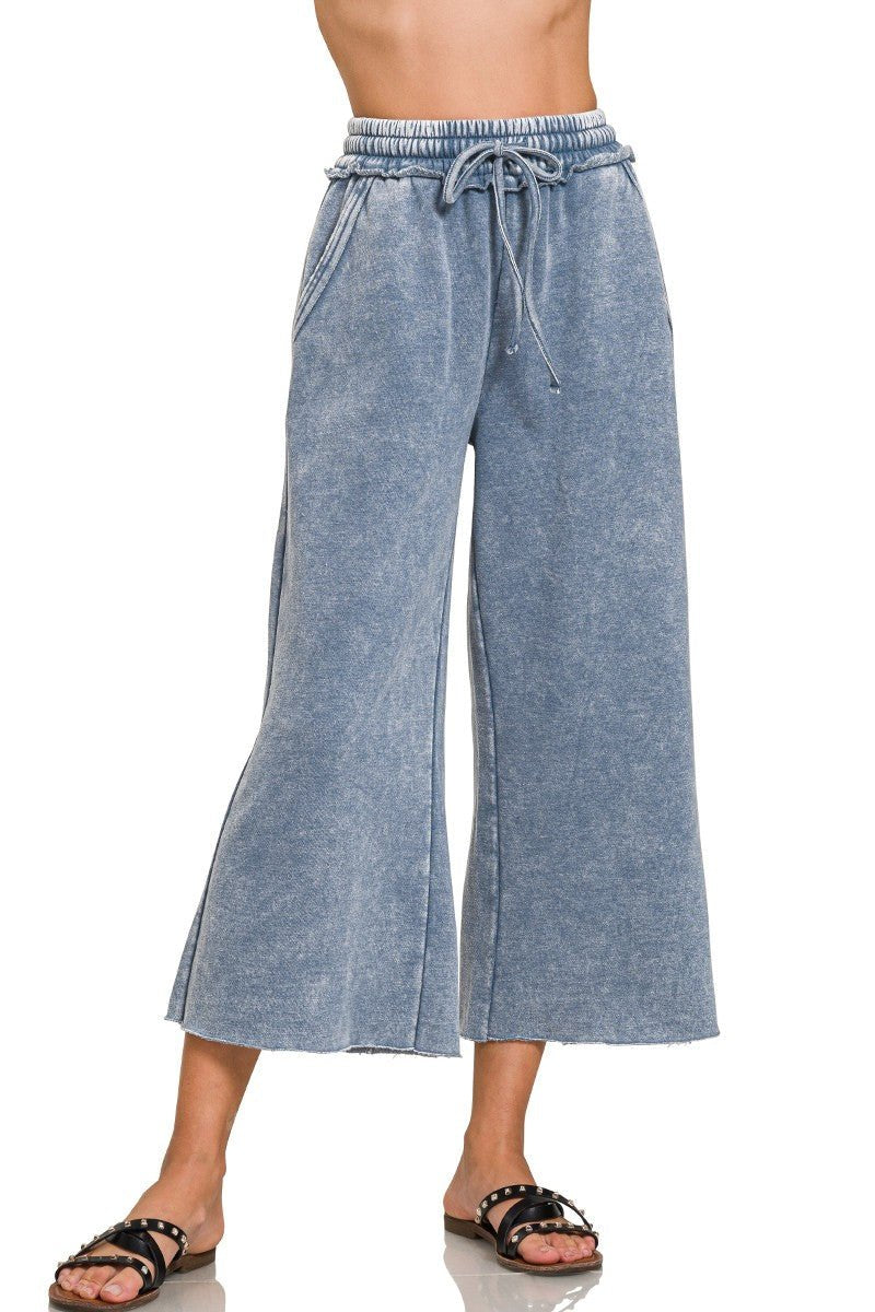 Zenana - Wide Leg Cropped Fleece Sweatpants - Dusty Blue - Inspired Eye Boutique