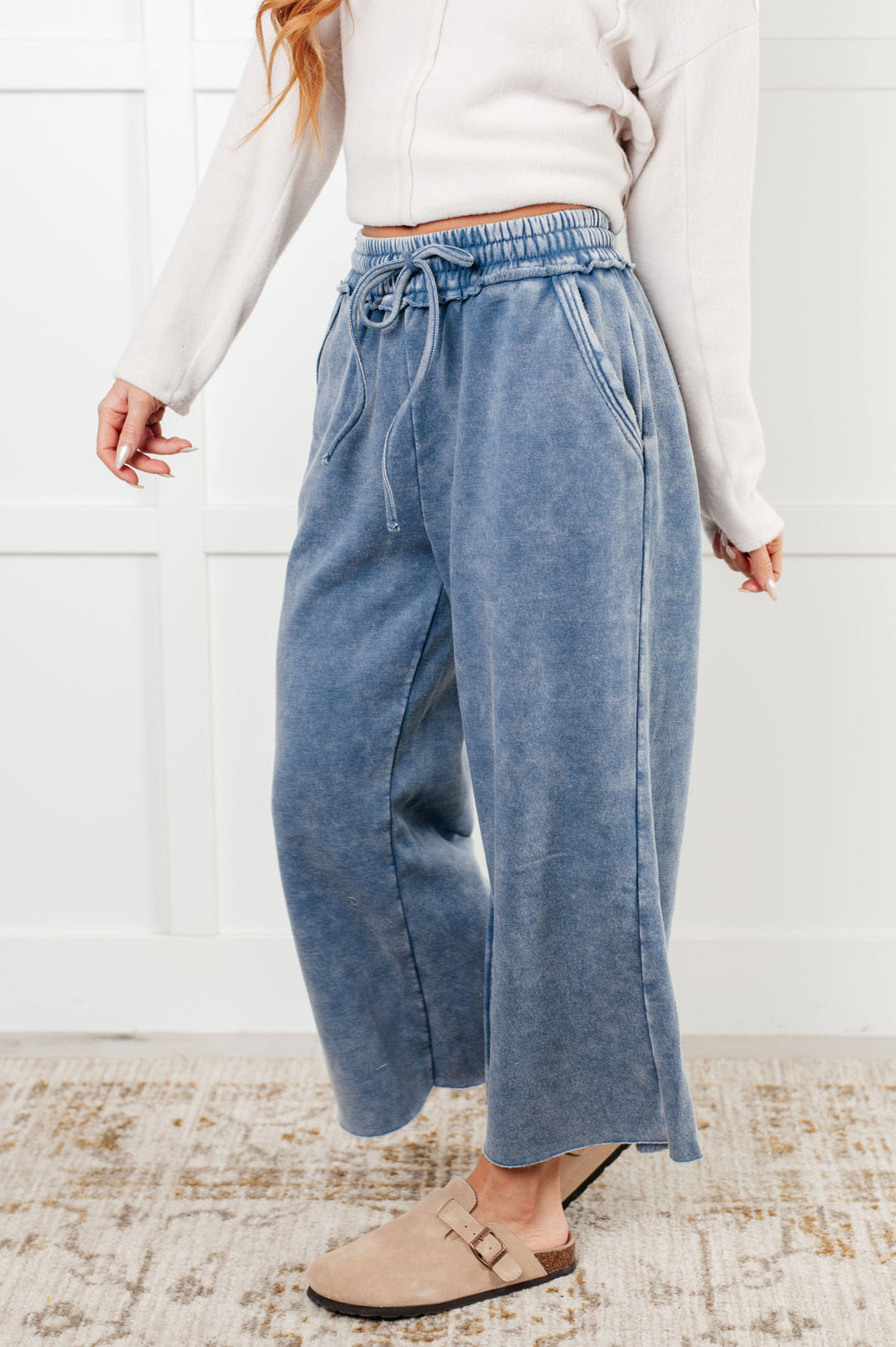 Zenana - Wide Leg Cropped Fleece Sweatpants - Dusty Blue - Inspired Eye Boutique