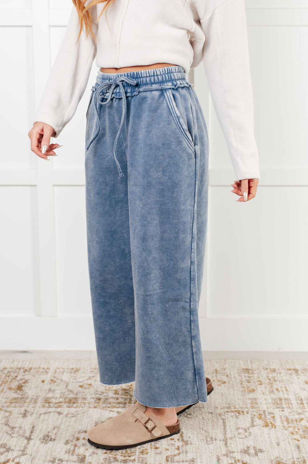 Zenana - Wide Leg Cropped Fleece Sweatpants - Dusty Blue - Inspired Eye Boutique