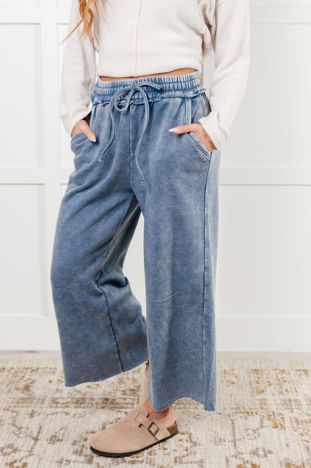 Zenana - Wide Leg Cropped Fleece Sweatpants - Dusty Blue - Inspired Eye Boutique