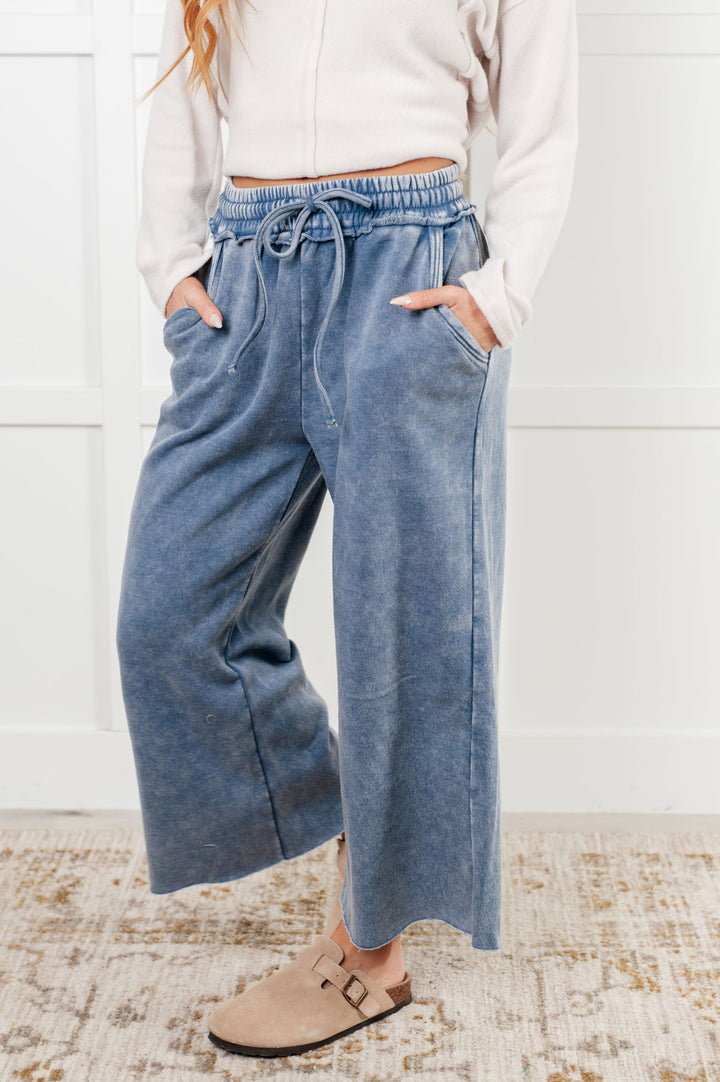 Zenana - Wide Leg Cropped Fleece Sweatpants - Dusty Blue - Inspired Eye Boutique