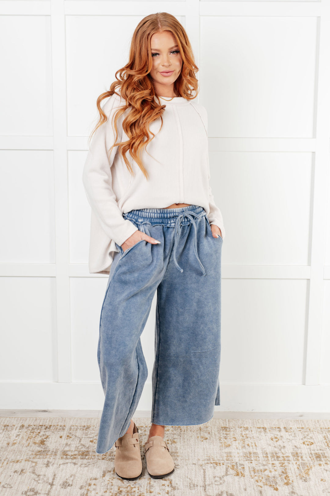 Zenana - Wide Leg Cropped Fleece Sweatpants - Dusty Blue - Inspired Eye Boutique