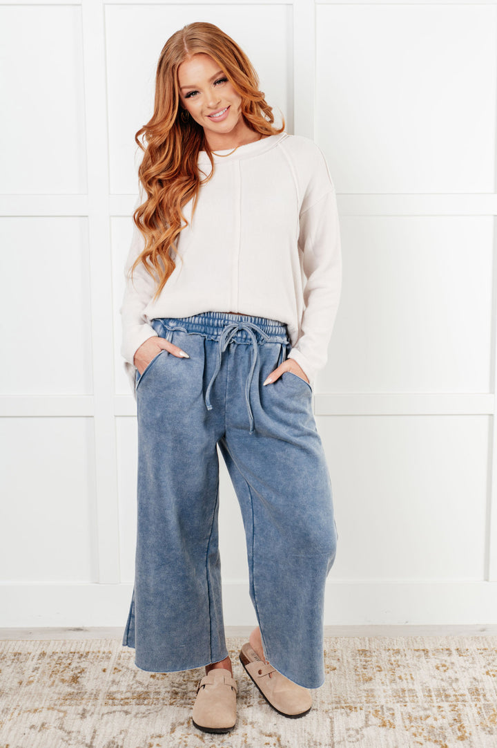 Zenana - Wide Leg Cropped Fleece Sweatpants - Dusty Blue - Inspired Eye Boutique