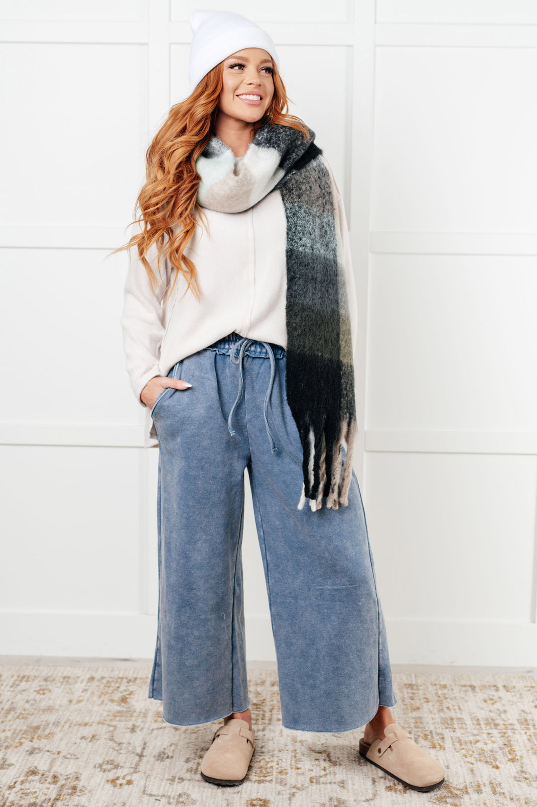 Zenana - Wide Leg Cropped Fleece Sweatpants - Dusty Blue - Inspired Eye Boutique