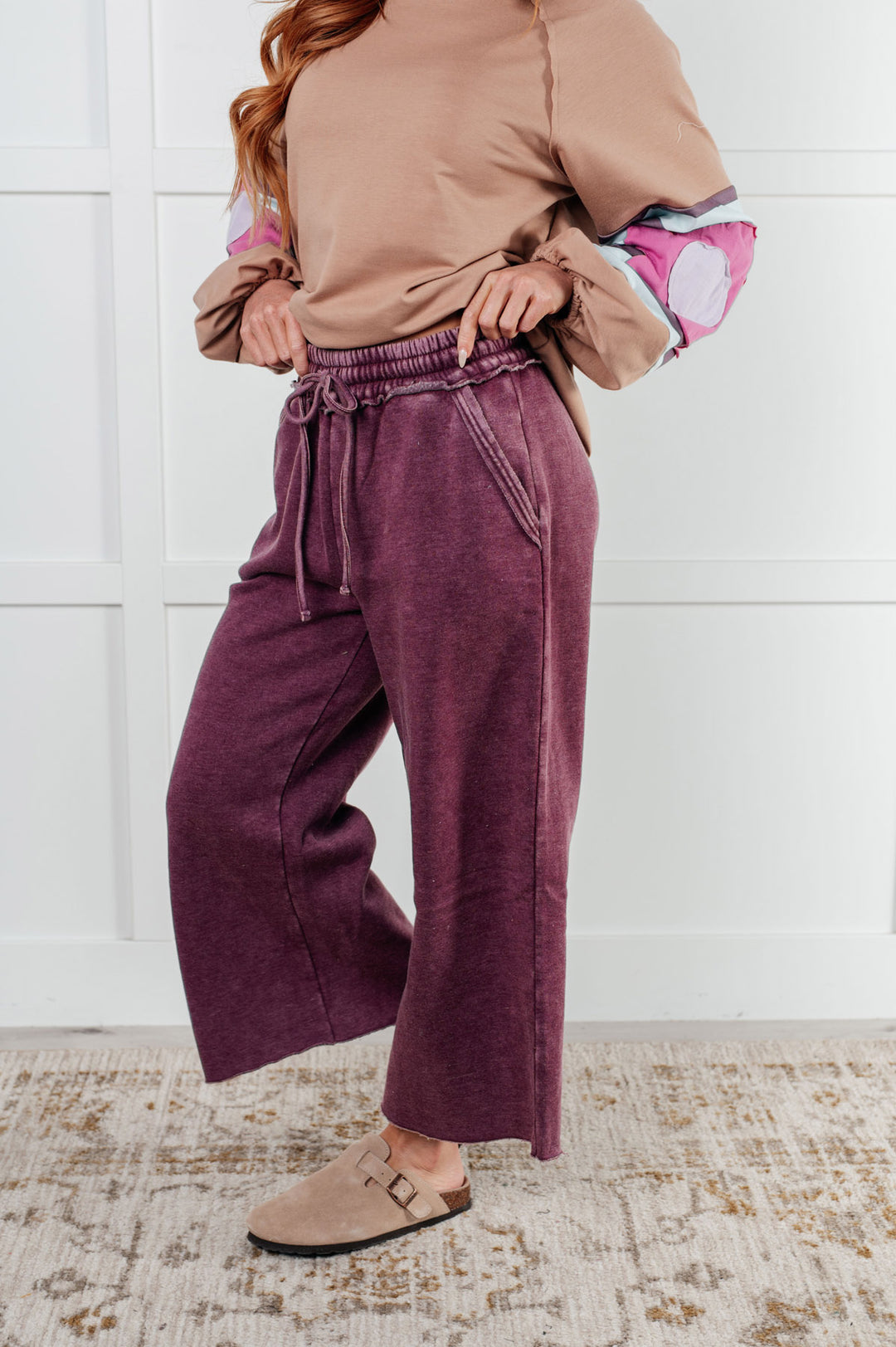 Zenana - Wide Leg Cropped Fleece Sweatpants - Eggplant - Inspired Eye Boutique