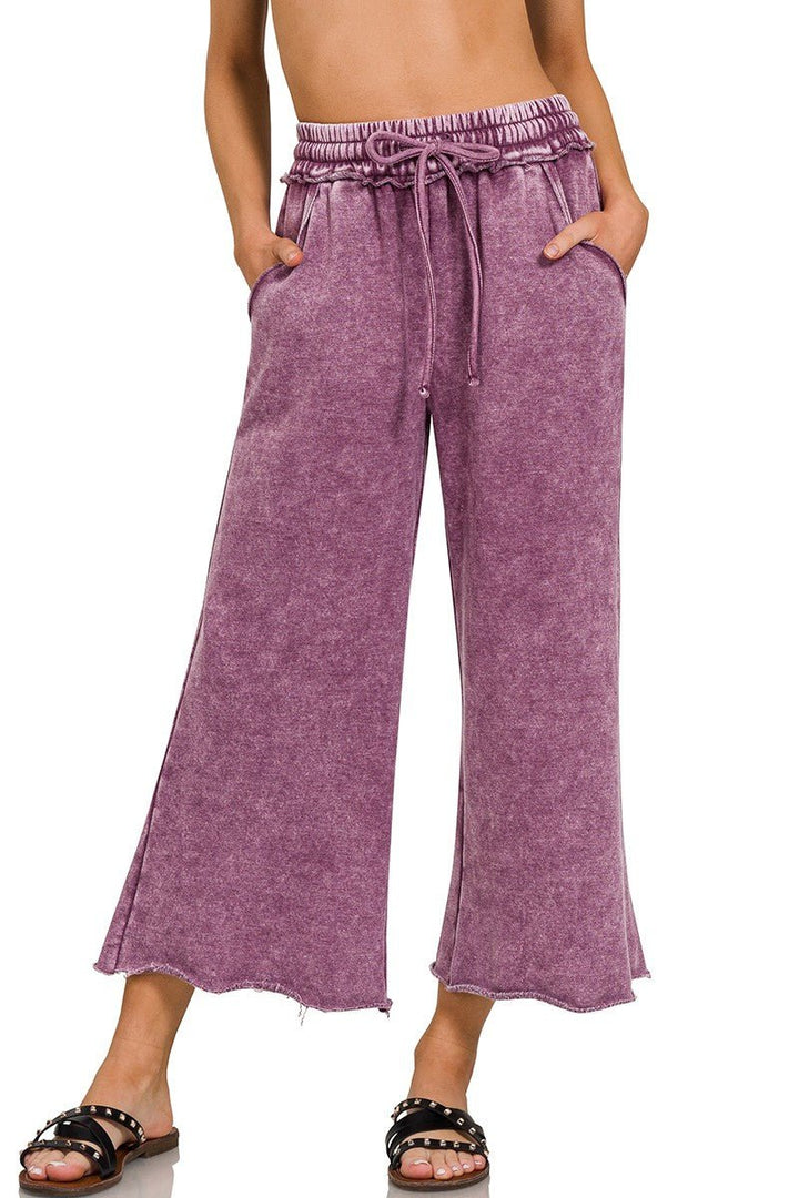 Zenana - Wide Leg Cropped Fleece Sweatpants - Eggplant - Inspired Eye Boutique