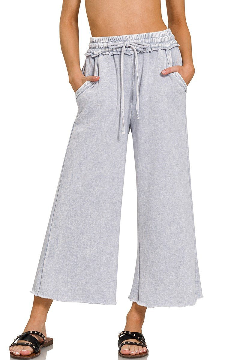 Zenana - Wide Leg Cropped Fleece Sweatpants - Light Grey - Inspired Eye Boutique