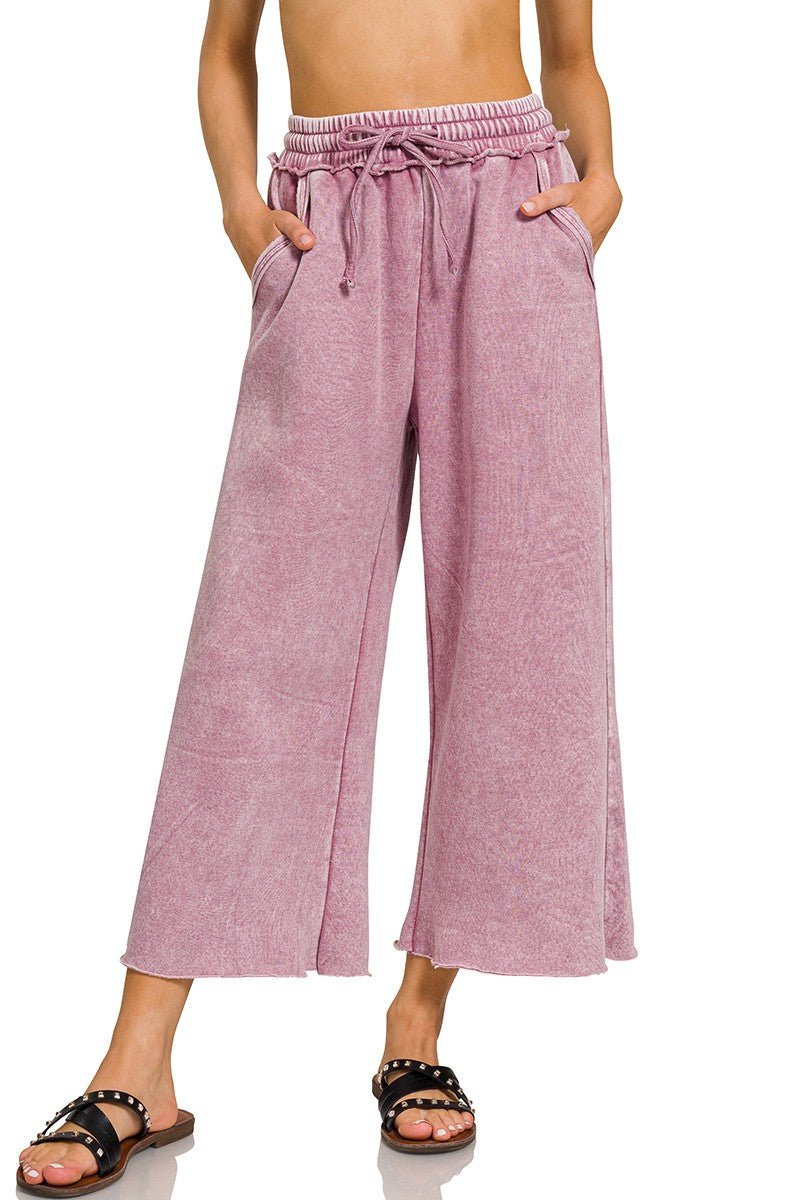 Zenana Wide Leg Cropped Fleece Sweatpants - Light Rose - Inspired Eye Boutique