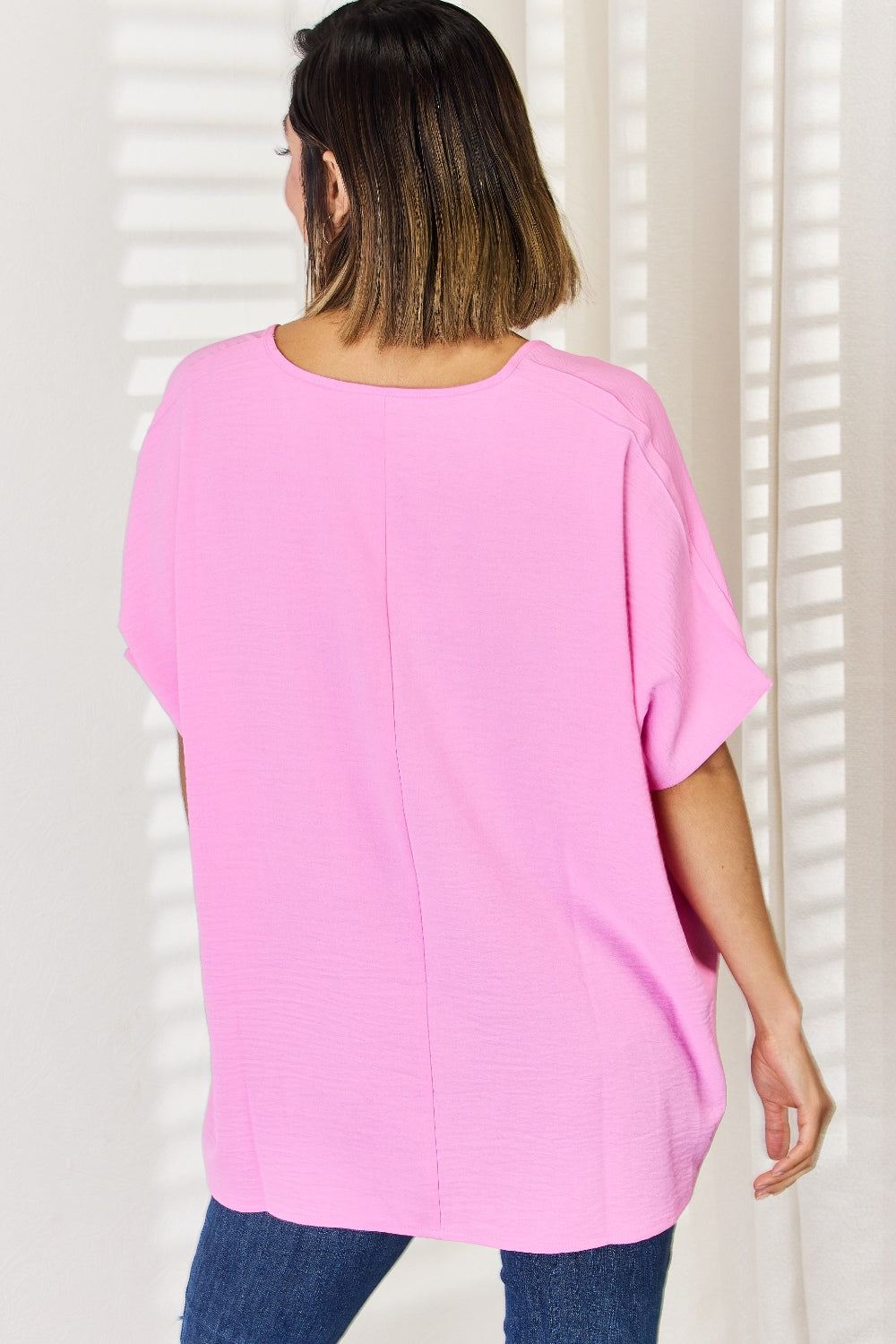 Zenana Woven Airflow Top - Short Sleeve - Pink - Inspired Eye Boutique