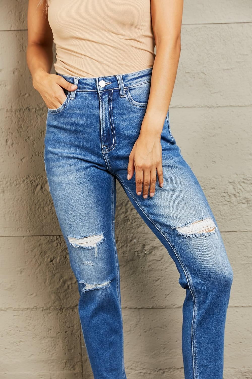 Distressed Dad Jeans - Medium Wash - Inspired Eye Boutique