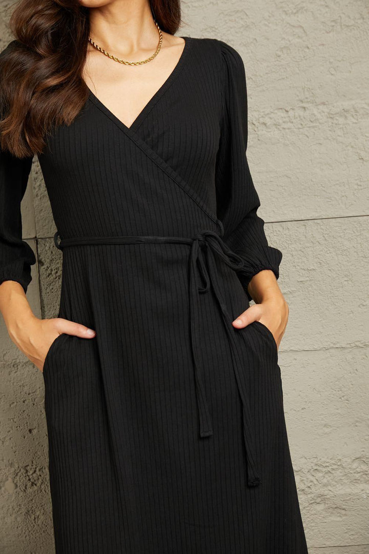 Midi Dress - Black Long Sleeve Ribbed - Inspired Eye Boutique