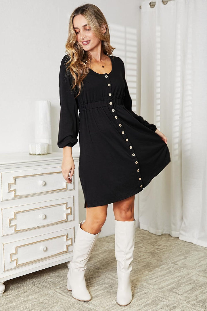 Long Sleeve Casual Mini Dress - Elastic Waist - Black - Inspired Eye Boutique