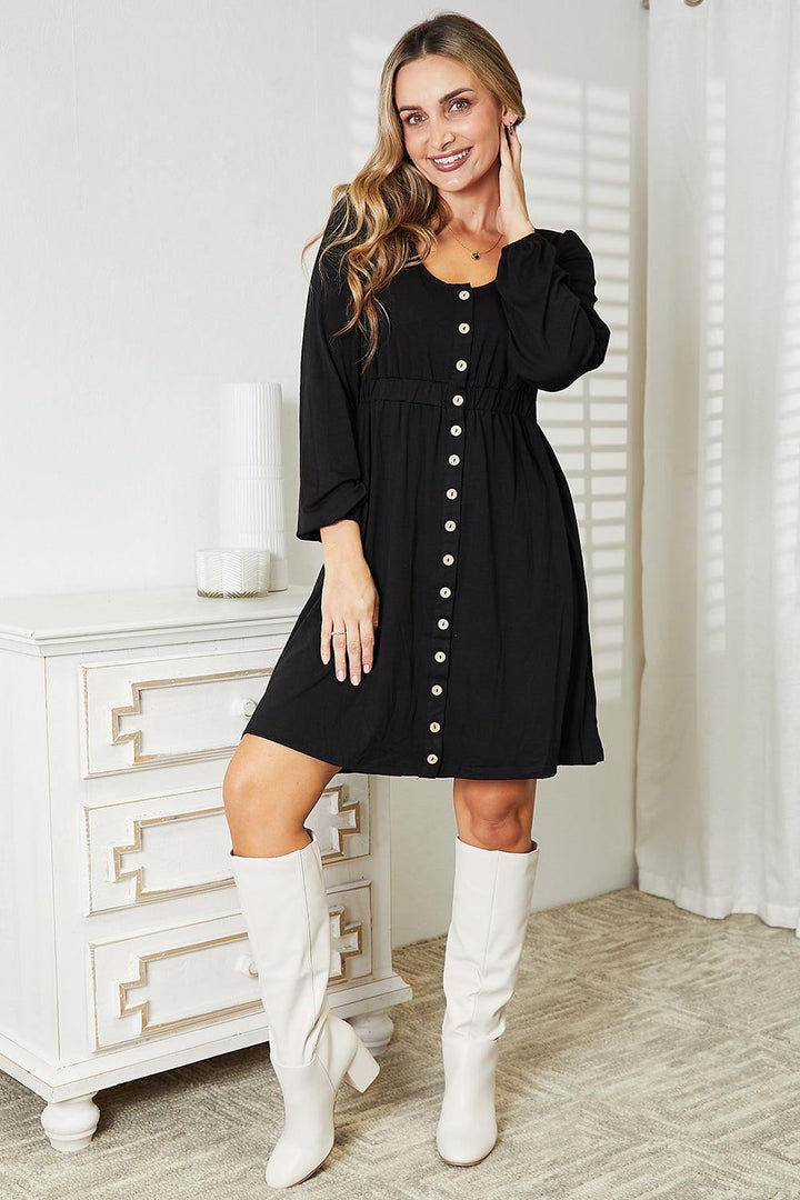 Long Sleeve Casual Mini Dress - Elastic Waist - Black - Inspired Eye Boutique