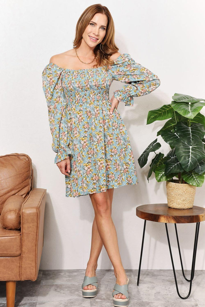 Long Sleeve Floral Mini Dress - Blue - Inspired Eye Boutique