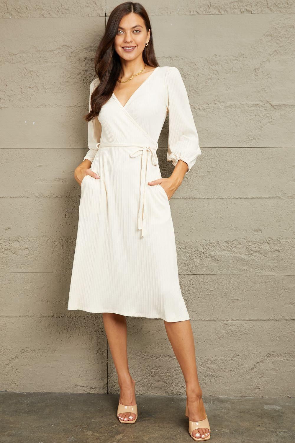 Long Sleeve Wrap Midi Dress - Ivory - Inspired Eye Boutique