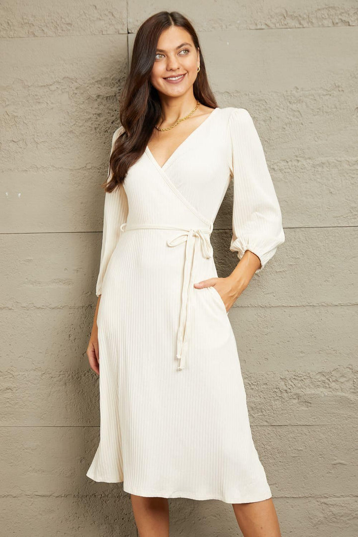 Long Sleeve Wrap Midi Dress - Ivory - Inspired Eye Boutique