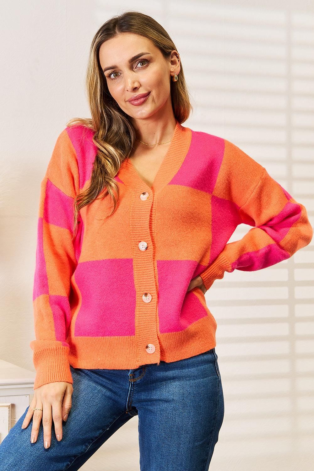 Orange and Hot Pink Checkered Cardigan - Inspired Eye Boutique
