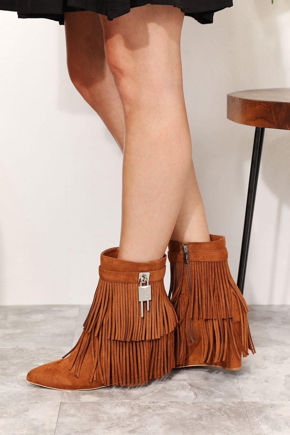 Tassel Wedge Heel Ankle Booties - Ochre - Inspired Eye Boutique