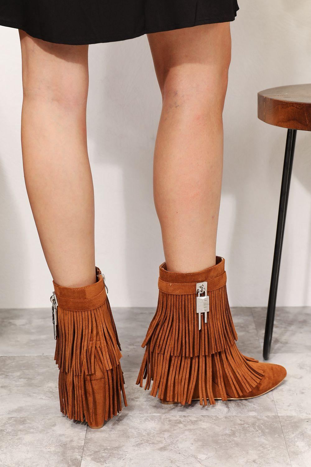 Tassel Wedge Heel Ankle Booties - Ochre - Inspired Eye Boutique