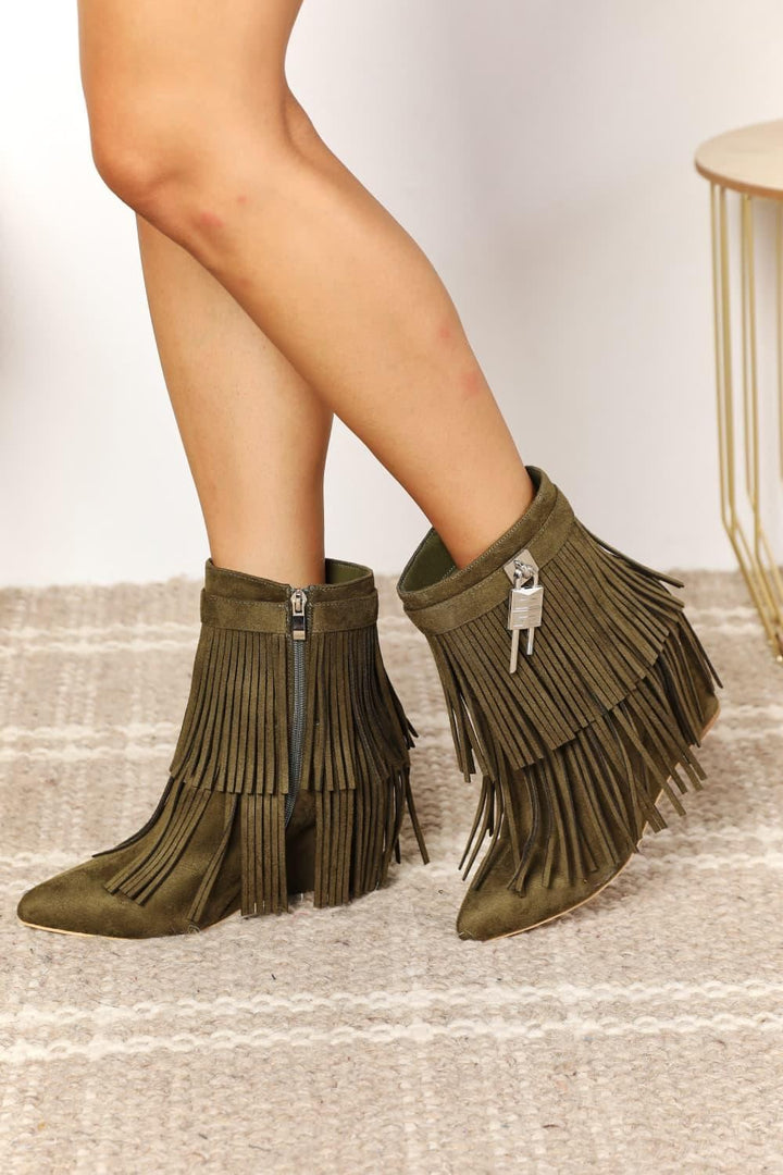 Tassel Wedge Heel Ankle Booties - Olive - Inspired Eye Boutique