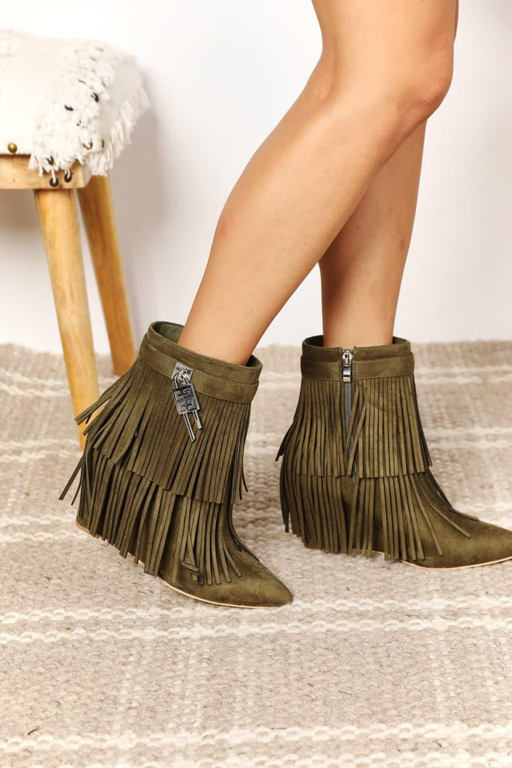 Tassel Wedge Heel Ankle Booties - Olive - Inspired Eye Boutique