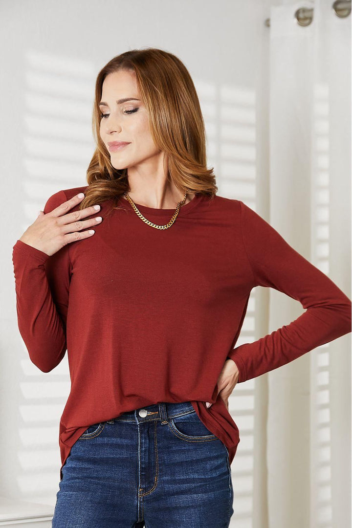 Zenana Long Sleeve Shirt - Brick Red - Inspired Eye Boutique
